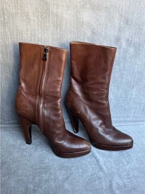 Vintage Prada Brown Leather Mid-Calf High-Heel Boots 38.5